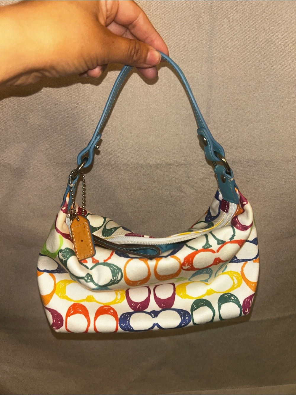 Coach Multicolor Signature Canvas Shoulder Bag with Teal Handle